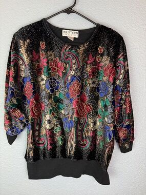 Vintage Western Connection Sweater Womens Large Floral Velvet Pullover 90s Korea